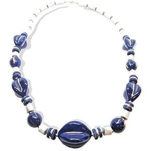 Vintage Necklace Chunky Retro Japan Cobalt Blue Gray Beads 80s Style 26"